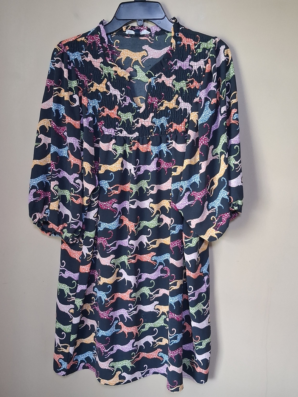 Michelle Mcdowell "Wild Thang" Animal Print Smocked Neck Dress; Size L
